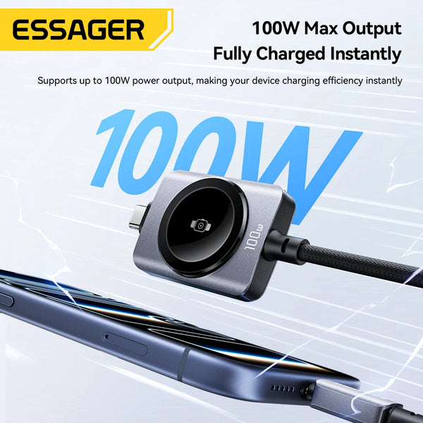 ខ្សែសាកនាឡិកា Essager 100W 2 ក្នុង 1 សម្រាប់ iPhone17 16 15 Pro Max iWatch ឆ្នាំងសាកម៉ាញេទិកប្រភេទ C ទៅប្រភេទ C ខ្សែសាកលឿន