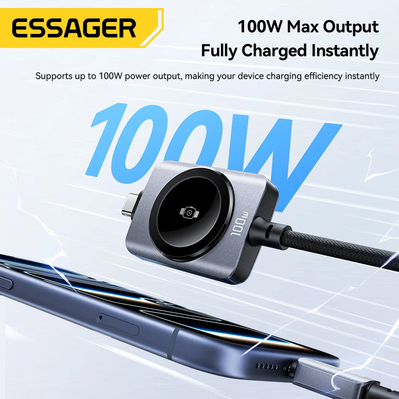 ខ្សែសាកនាឡិកា Essager 100W 2 ក្នុង 1 សម្រាប់ iPhone17 16 15 Pro Max iWatch ឆ្នាំងសាកម៉ាញេទិកប្រភេទ C ទៅប្រភេទ C ខ្សែសាកលឿន