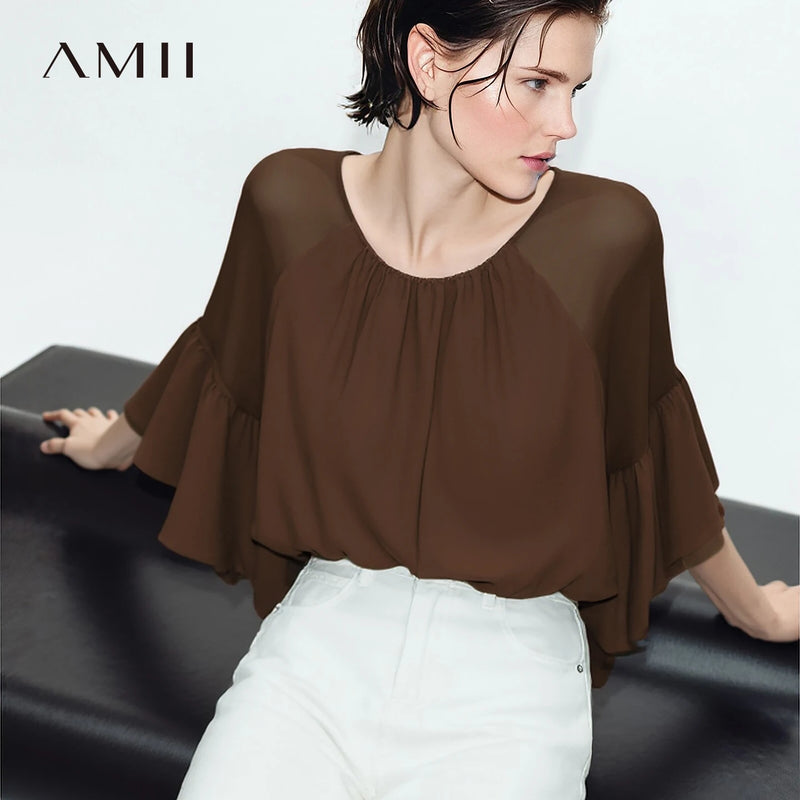 Amii Women's Blouse 2026 Summer New Loose Elegant Office Chiffon Tops Round Neck Raglan Sleeve Casual Shirt for Women 12622213