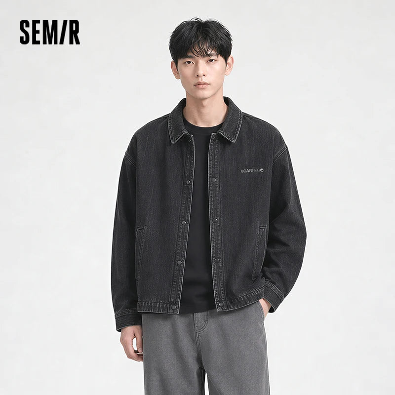 Semir Men Jacket Denim Coach Style Loose Lapel Retro Classic 2026 Autumn Textured Fabric Casual Outerwear Daily Layer