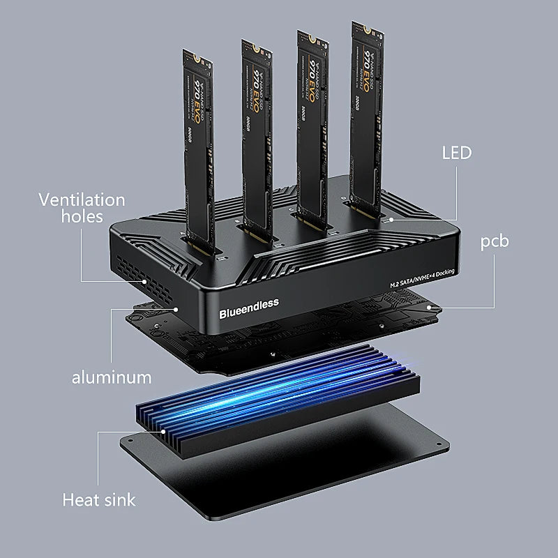 ស្ថានីយ ចត SSD m2 ទំហំ 4 bay ប្រភេទ C របស់ Blueendless USB3.1 10Gbps m.2 NVME SATA ngff dual protocol ប្រអប់ SSD ធ្វើពីអាលុយមីញ៉ូម
