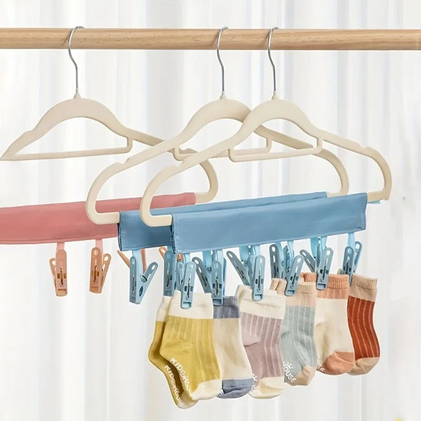 2pcs Portable Travel Fabric Clothes Hanger with 6 Clips- Foldable, Space-Saving Drying Rack for Socks,Small Garments.