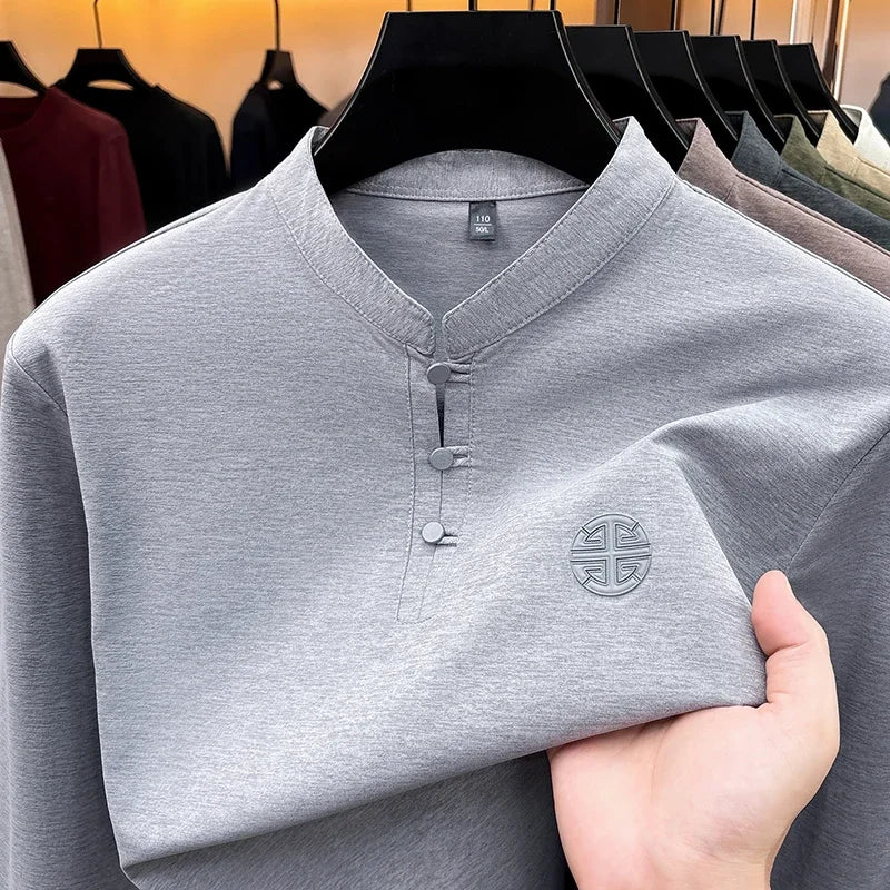 Mens Spring Autumn Henley T Shirt Long Sleeve Mandarin Collar Embossed Logo Breathable Comfort Casual Outfit