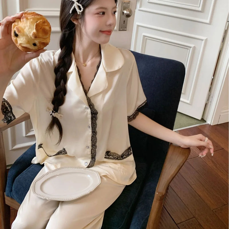 Summer Clothes Elegant Women's Pajamas 2 Piece Nighty Short Sleeve Sleepwear Nightwear for Woman Lapel Top Trousers Home Wear