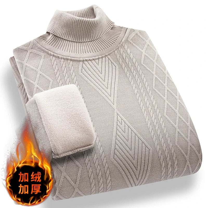 Stretch Turtleneck Male Knitted Pullover Embossed Twist Rhombus Pattern Fleece Lined Cold Proof Casual Long Sleeve Top