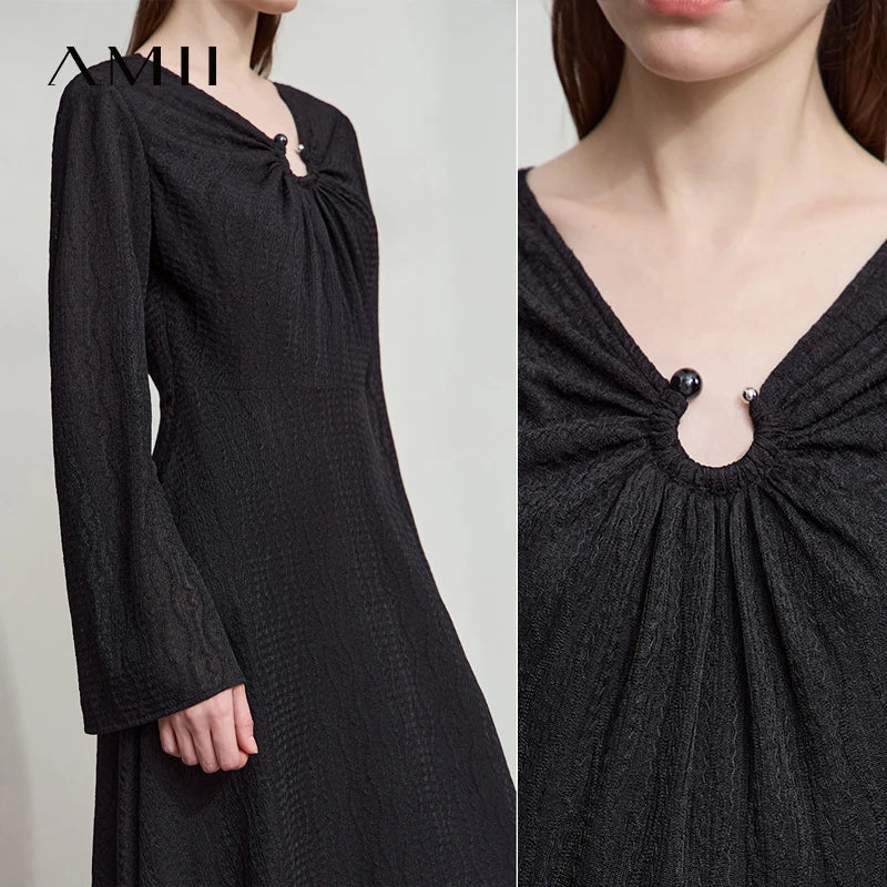 AMII Women's 2026 Autumn Dress Irregular Neck Elegant Casual Pullovers Flared Long Sleeves Dress Ladies Clothes 12523080