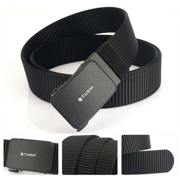 TUSHI Men's Automatic Slide Buckle Nylon Webbing Belt Adjustable Tactical Waist Belt For Outdoor Hiking Work Casual Daily Wear