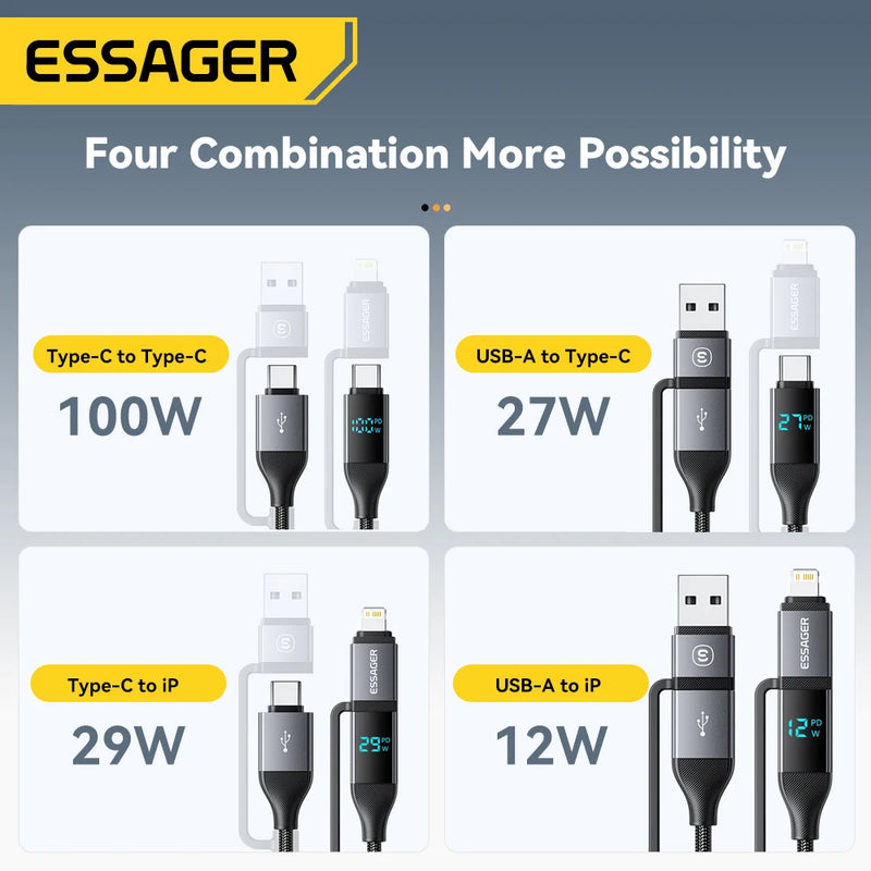 ខ្សែសាក USB Essager 4 ក្នុង 1 ប្រភេទ C 100W PD សាកលឿនសម្រាប់ iPhone Macbook iPad Xiaomi Type C Lighting Cable