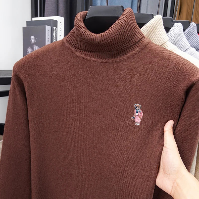 Comfort Man High Neck Long-Sleeved Knitwear Bear Embroidery Pullover Fashionable Daily Wear for Men Autumn Winter Versatile Men'