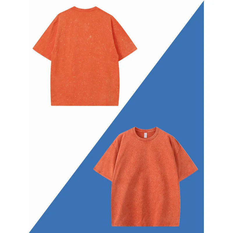 Loose Bleach Stain  Heavyweight Summer Top American Style Retro Washed Snowflake Short Sleeve Round Neck T-Shirt