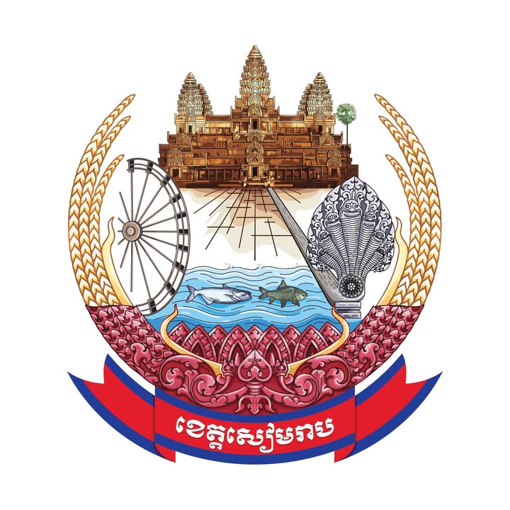 Coat of arms with temple, wheel, and other symbols on a white background