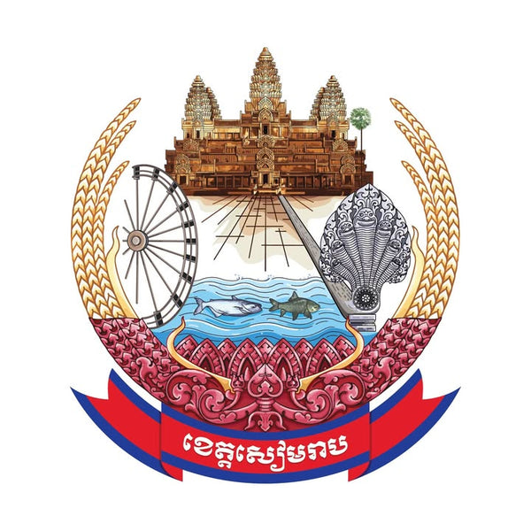 Coat of arms with temple, wheel, and other symbols on a white background