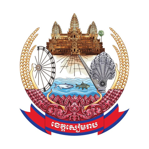 Coat of arms with temple, wheel, and other symbols on a white background