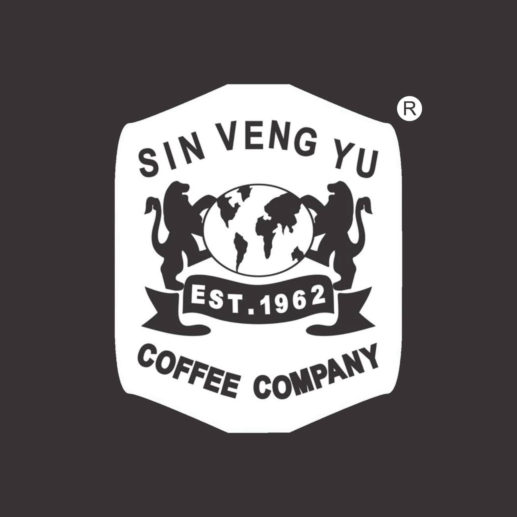 Logo of Sin Veng Yu Coffee Company with a world map and two lions on a black background