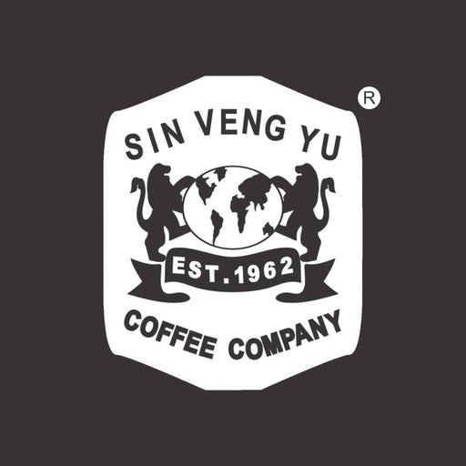 Logo of Sin Veng Yu Coffee Company with a world map and two lions on a black background