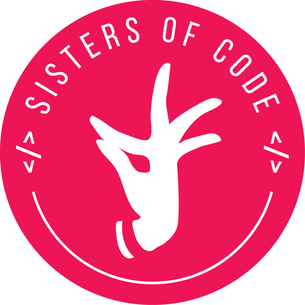 Logo of 'Sisters of Code' with a white deer silhouette on a pink background