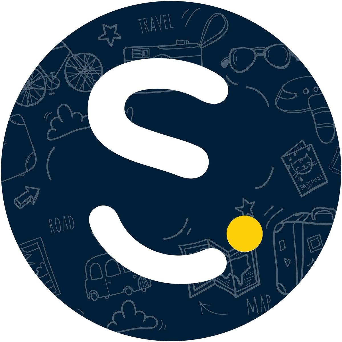 Circular logo with a white smiley face and yellow dot on a blue background with travel icons.