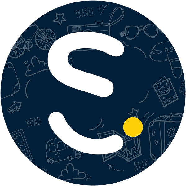 Circular logo with a white smiley face and yellow dot on a blue background with travel icons.