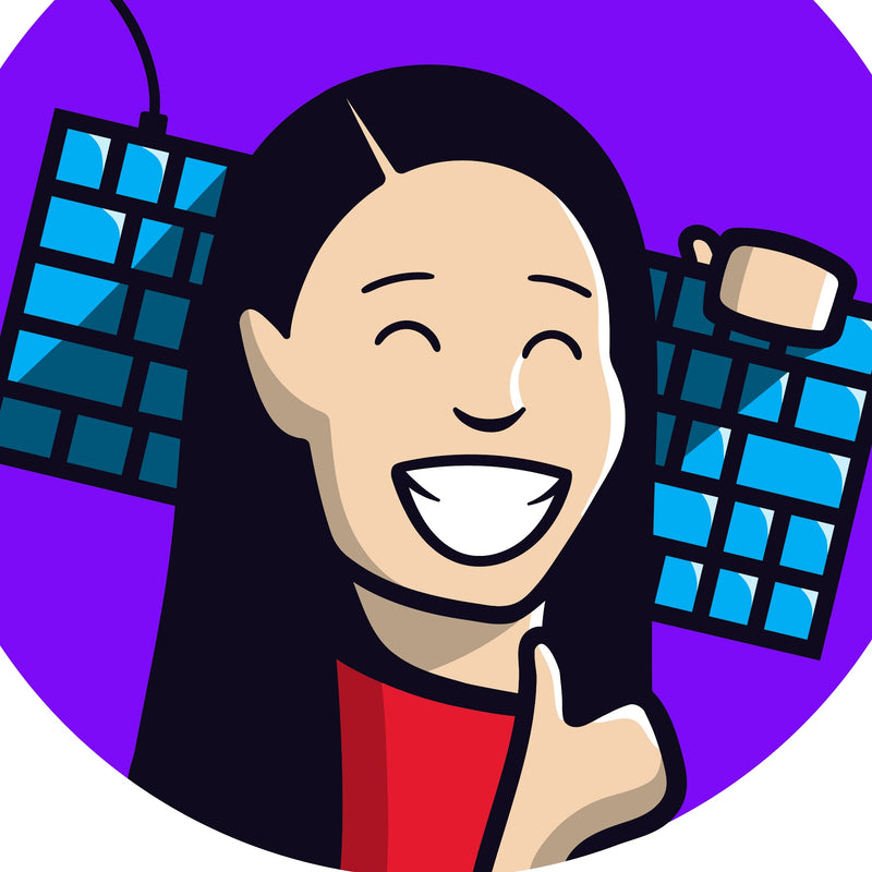 Cartoon character with a keyboard on a purple background