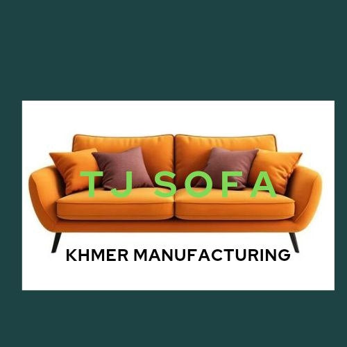 Orange sofa with brown cushions and 'TJ Sofa' branding on a white background