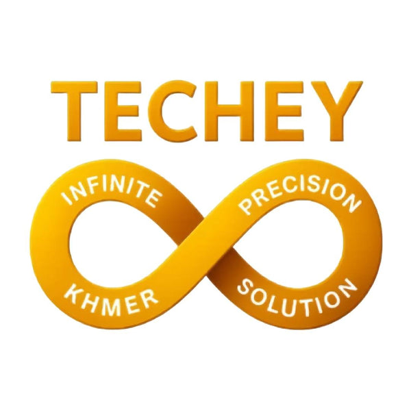 Logo of Techey with an infinity symbol and text on a white background