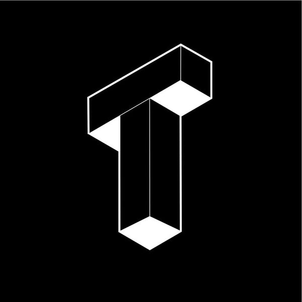 White geometric letter 'T' on a black background
