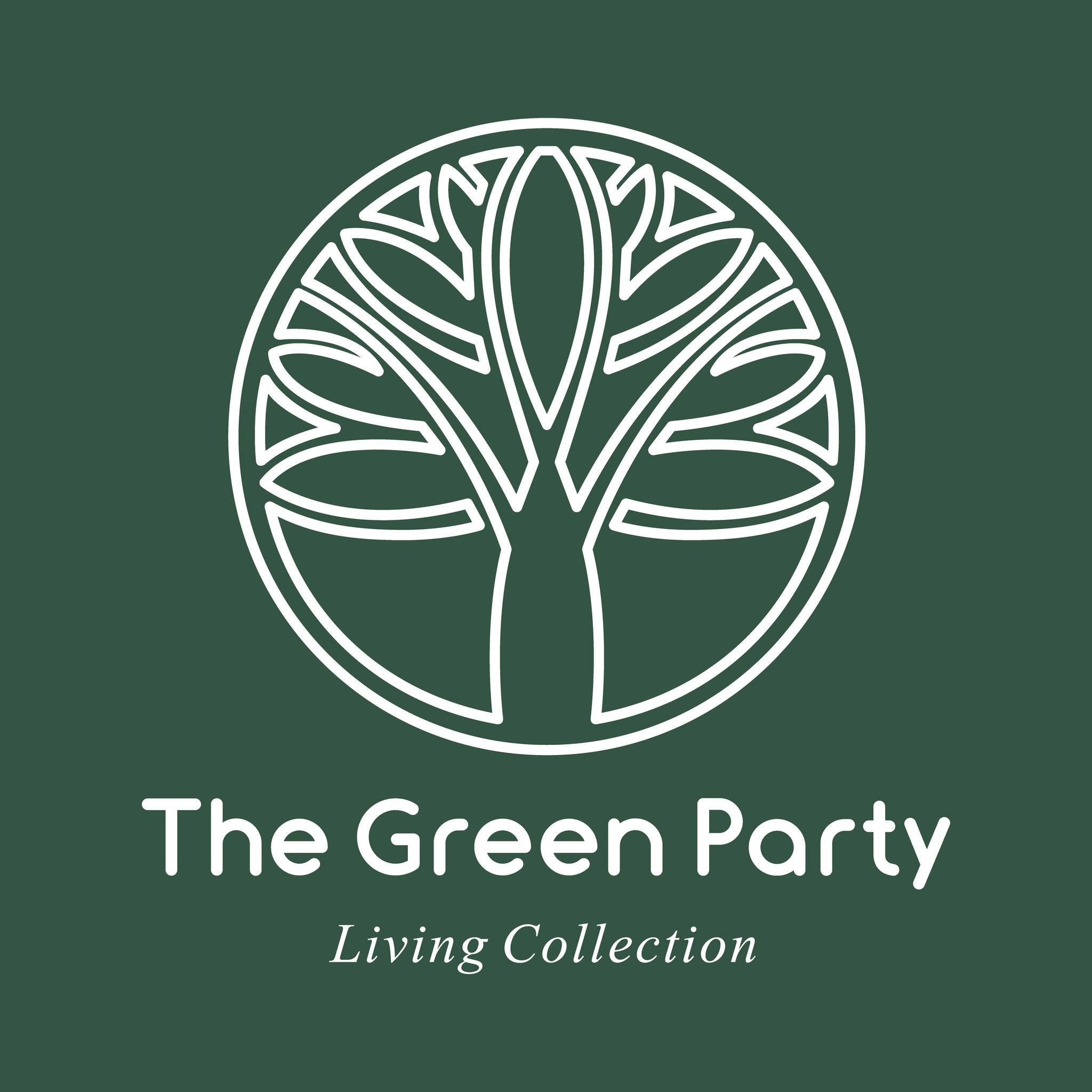 Logo of 'The Green Party Living Collection' with a stylized tree design on a green background.