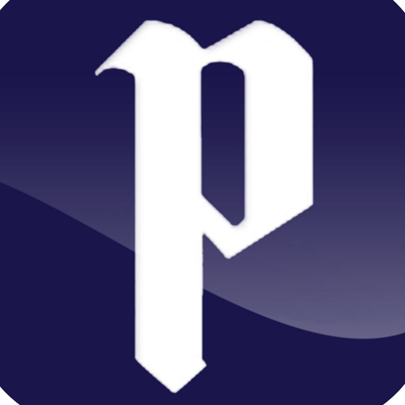 White letter 'p' on a blue gradient background