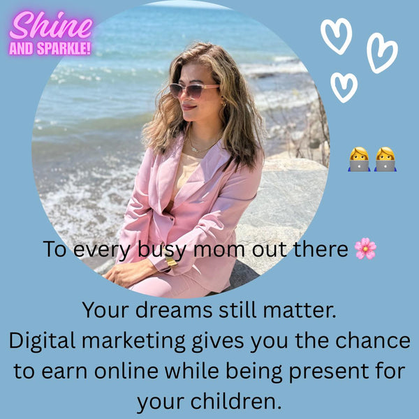Woman in pink suit sitting on a beach with motivational text and branding elements.