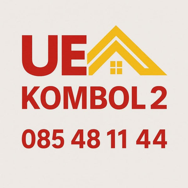 Logo with 'UE' and house icon, text 'KOMBOL 2' and contact number on a light gray background