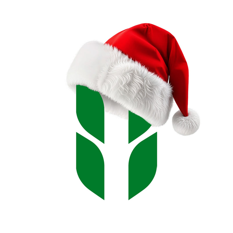 Red Santa hat with white fur trim on a green logo with white leaves on a white background