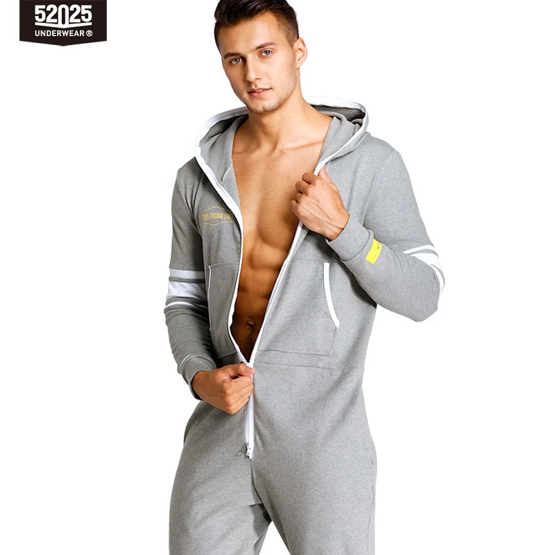 52025 Men’s Hooded Jumpsuit – One-Piece Cotton Pajamas, Comfortable Hooded Lounge Onesie for Men. Relax in Style and Comfort