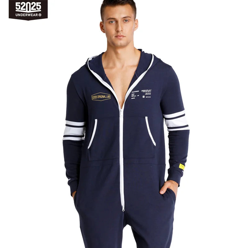 52025 Men’s Hooded Jumpsuit – One-Piece Cotton Pajamas, Comfortable Hooded Lounge Onesie for Men. Relax in Style and Comfort