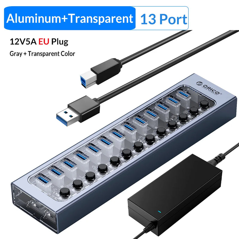 ORICO Powered USB 3.0 HUB 7/10/13/16 Ports USB Extension with On/Off Switches 12V Power Adapter Support BC1.2 Charging Splitter