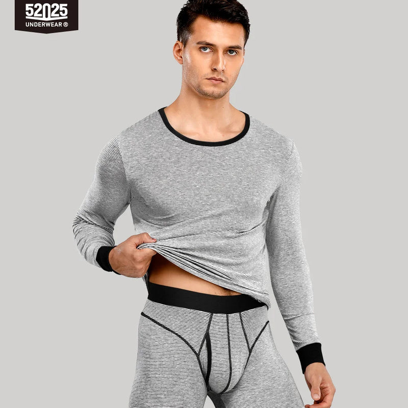 52025 Men's Striped Thermal Underwear – Lightweight Cotton-Modal Comfort, 3D Support Pouch and Breathable Fit