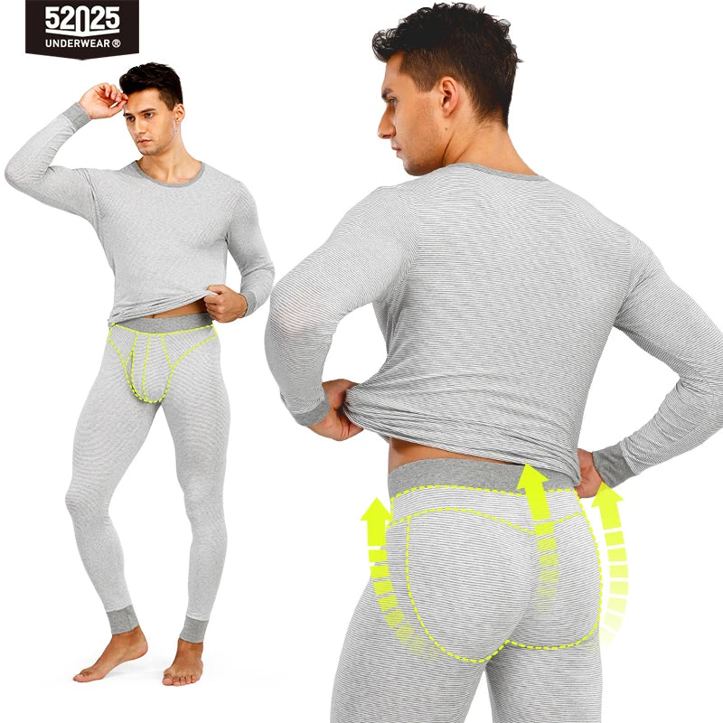 52025 Men's Striped Thermal Underwear – Lightweight Cotton-Modal Comfort, 3D Support Pouch and Breathable Fit