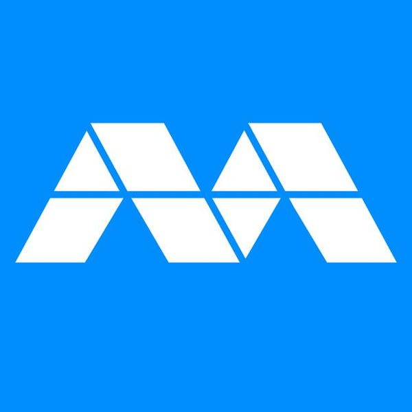 White geometric logo on a blue background