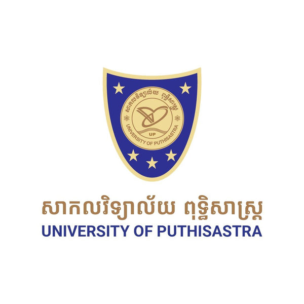 University of Puthisastra logo with a blue shield and gold text on a white background