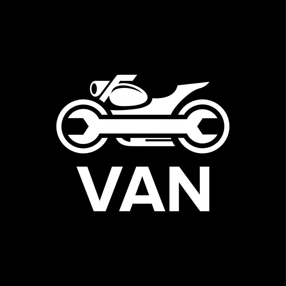 White motorcycle and wrench design with 'VAN' text on a black background