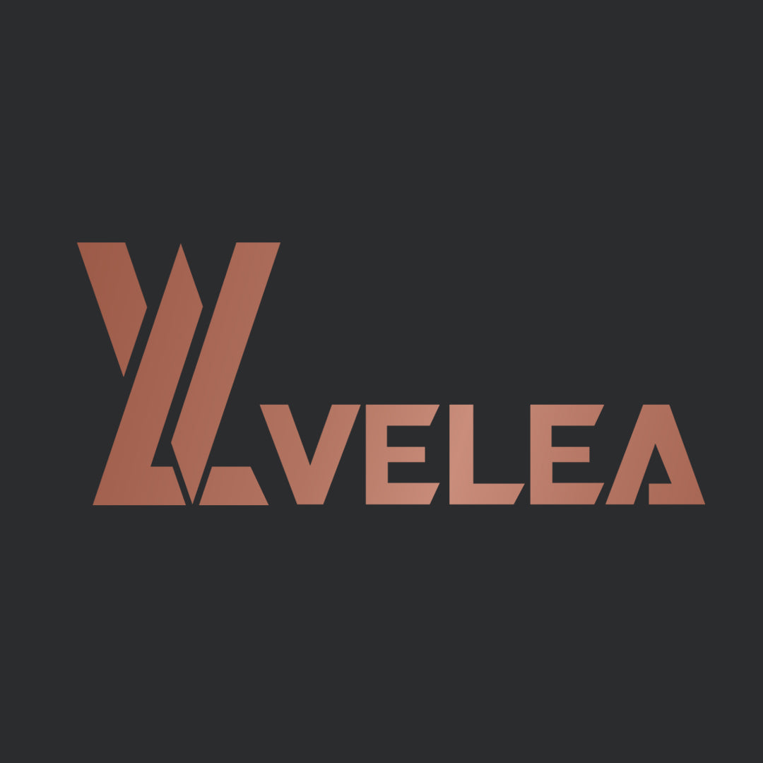 Logo of VELEA with stylized letter 'V' on a black background