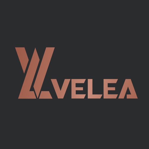 Logo of VELEA with stylized letter 'V' on a black background