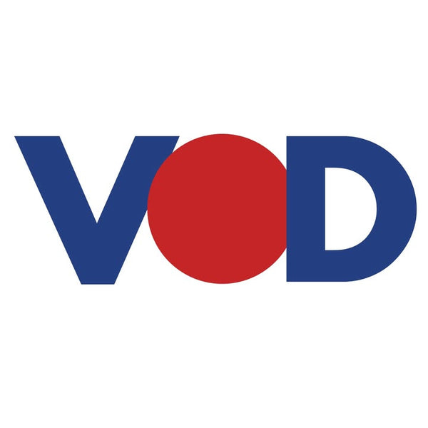 Logo with 'VOD' where 'O' is a red circle on a white background