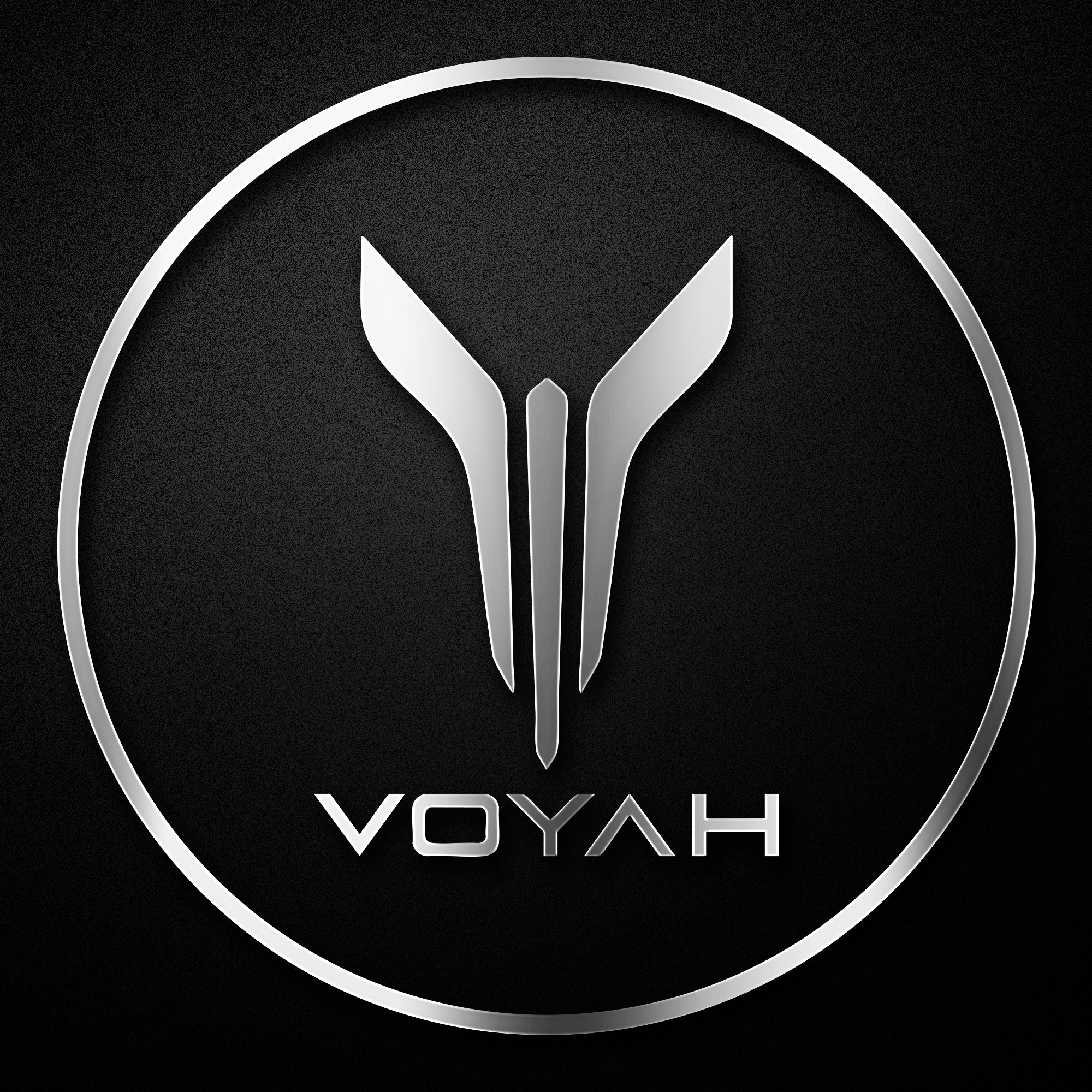 Silver logo with 'VOYAH' text on a black background