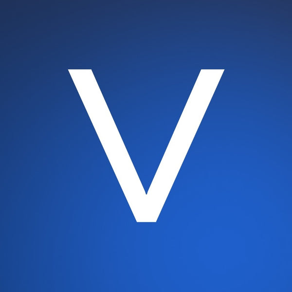 White letter 'V' on a blue background