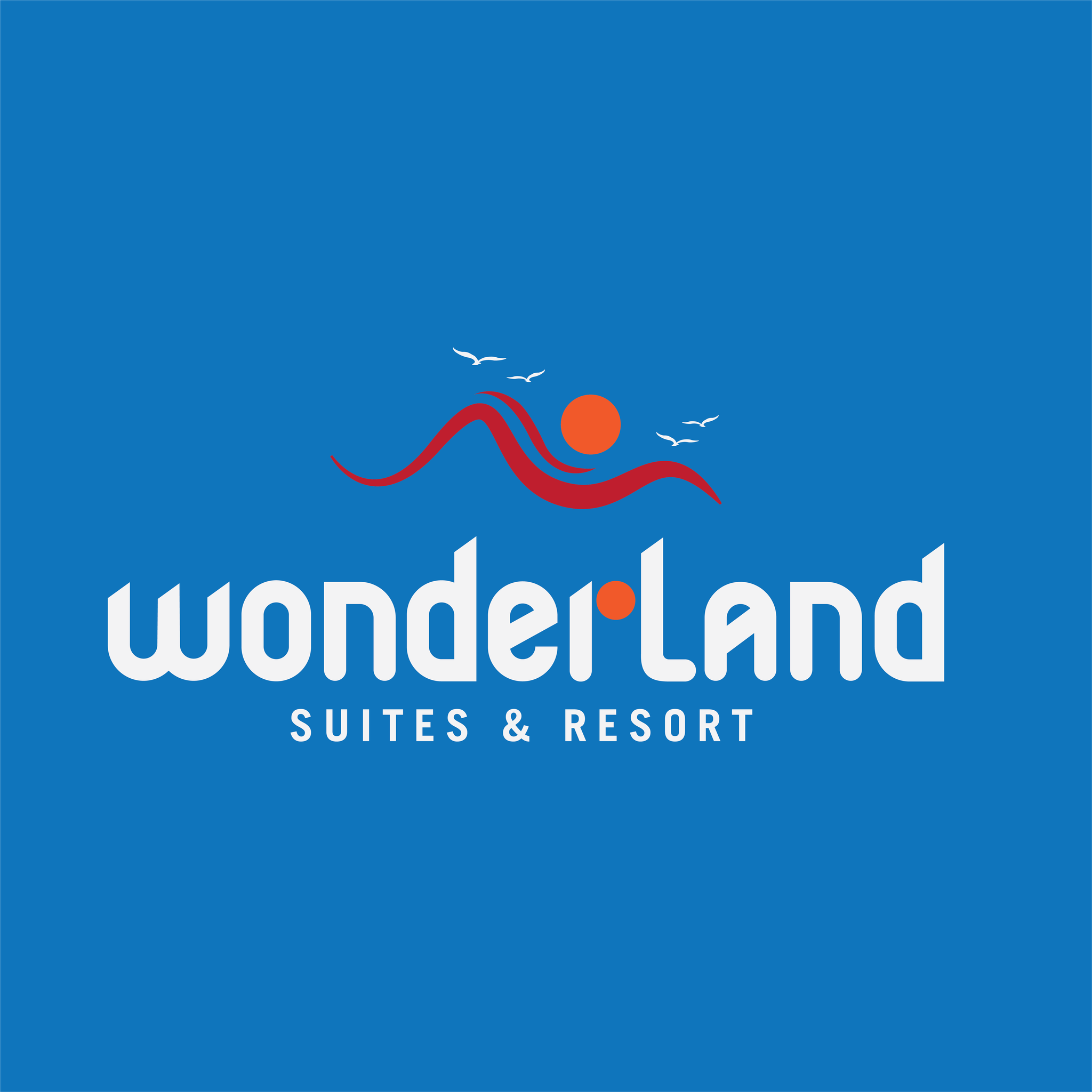 Logo of Wonderland Suites & Resort on a blue background