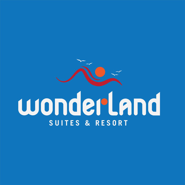 Logo of Wonderland Suites & Resort on a blue background