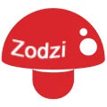 Zodzi logo with a red mushroom-shaped character on a white background