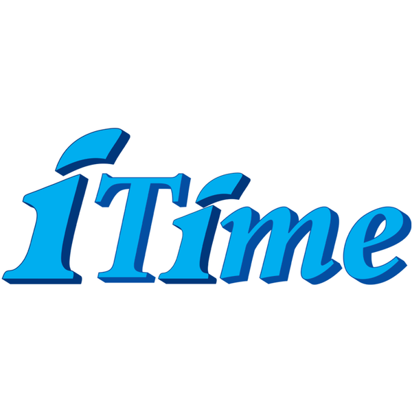 Blue 'iTime' logo on a white background