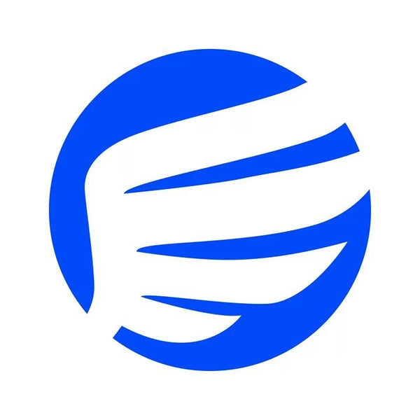 Blue logo on a white background