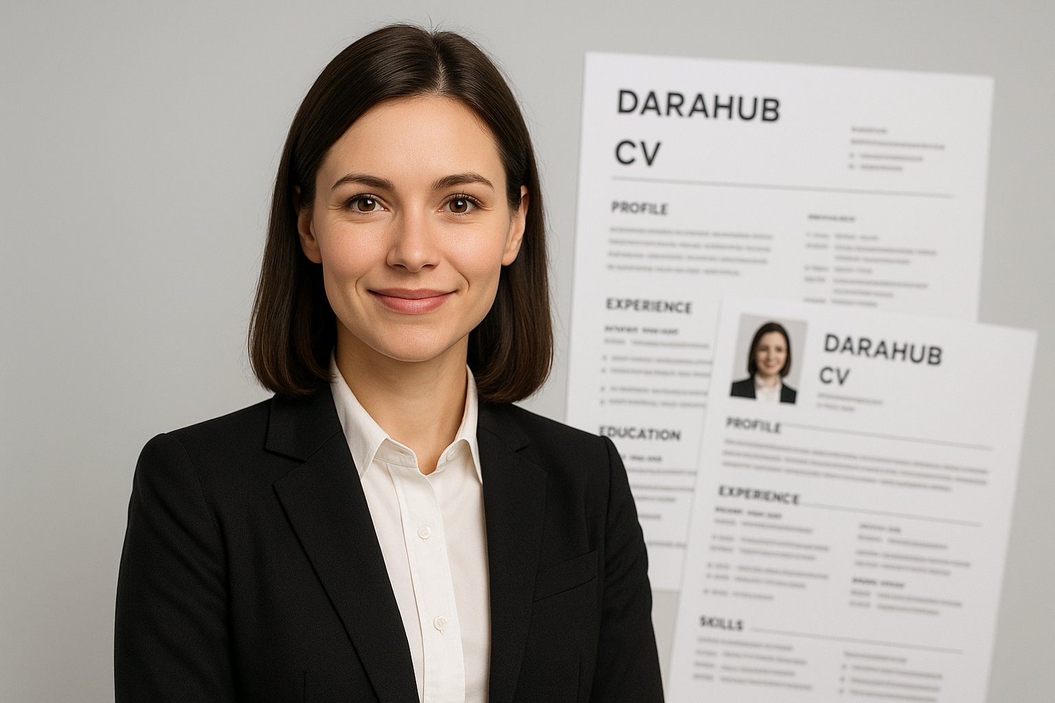Professional headshot with CV documents